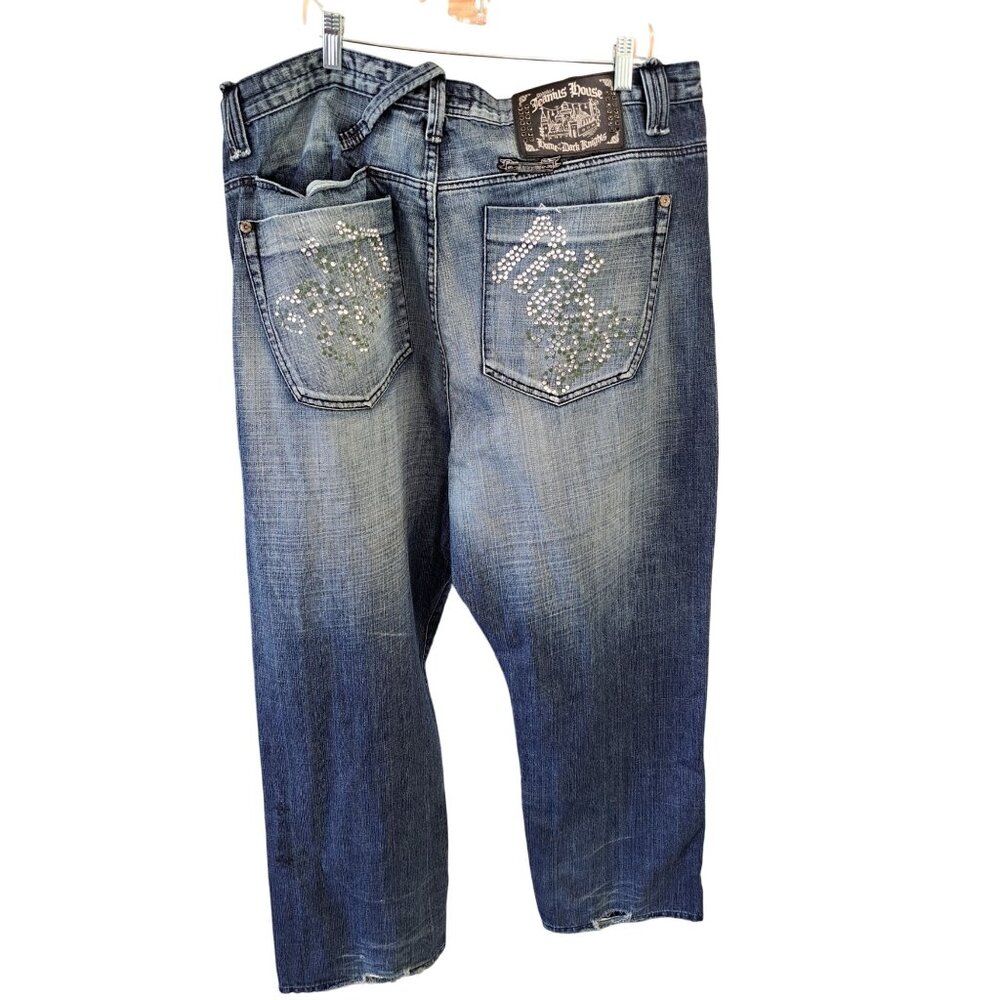 Vtg 90's Akademiks Denim Jeans Rhinestone Embellished Pockets Baggy Men's 44 - Picture 1 of 15